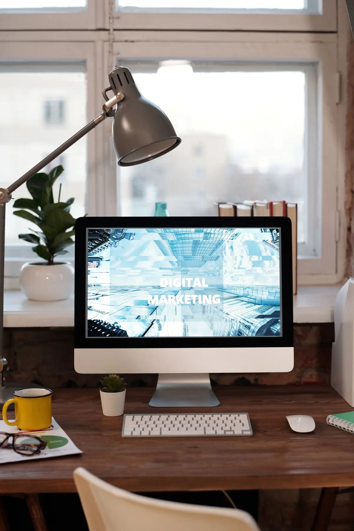 Creative agency desk with design work in progress